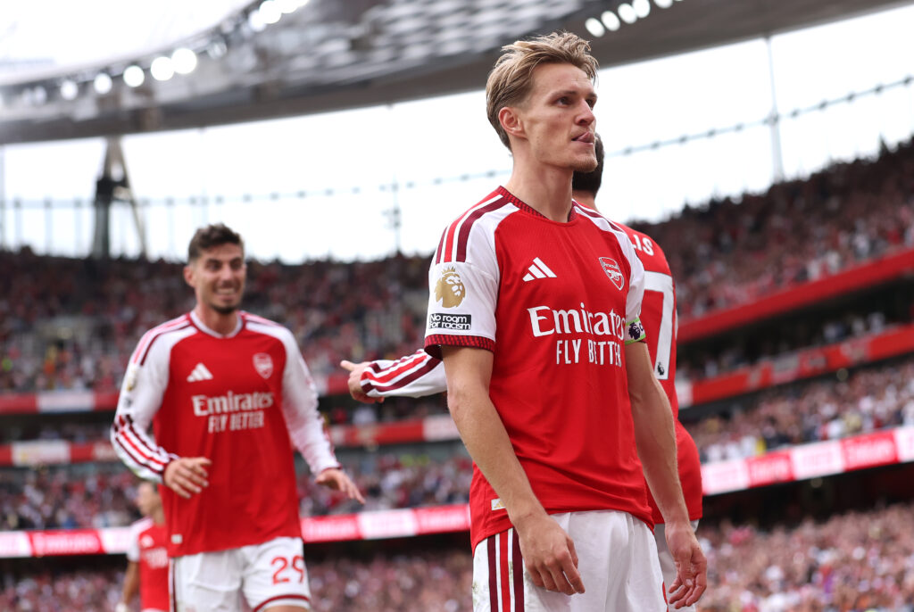 LONDON, ENGLAND - SEPTEMBER 06: Martin Odegaard of Arsenal celebrates scoring his team’s second goal during the Premier League 2026/27 match between Arsenal FC and Chelsea FC at Emirates Stadium on September 06, 2026 in London, England. (Photo by Justin Setterfield/Getty Images)