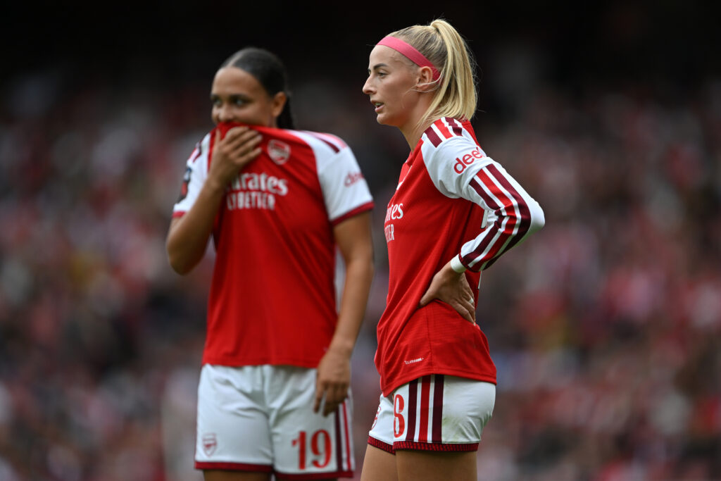 LONDON, ENGLAND - SEPTEMBER 13: Chloe Kelly of Arsenal looks on with team mate Lisa Baum during the Barclays Women's Super League 2026/27 match between Arsenal FC and Crystal Palace FC at Emirates Stadium on September 13, 2026 in London, England. (Photo by Mike Hewitt/Getty Images)