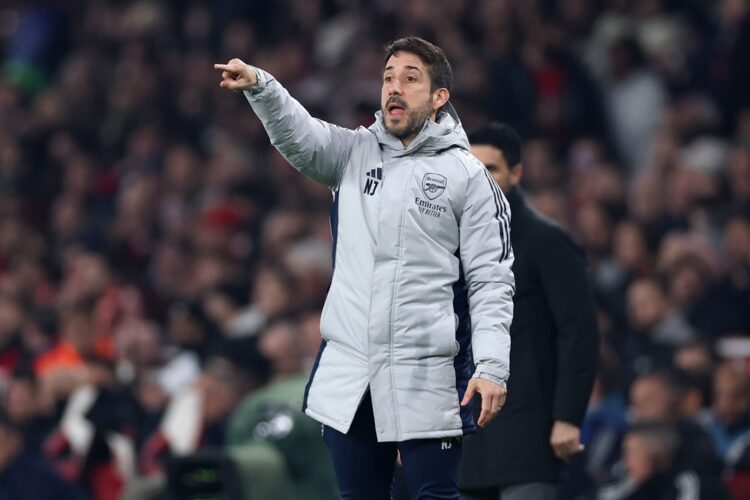Nicolas Jover, Set Piece Coach of Arsenal, gives the team instructions during the UEFA Champions League 2025/26 Round of 16 Second Leg match betwee...