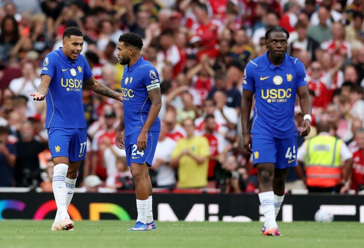 Morgan Rogers and Reece James of Chelsea react after Martin Odegaard of Arsenal scores his team’s second goal during the Premier League 2026/27 mat...