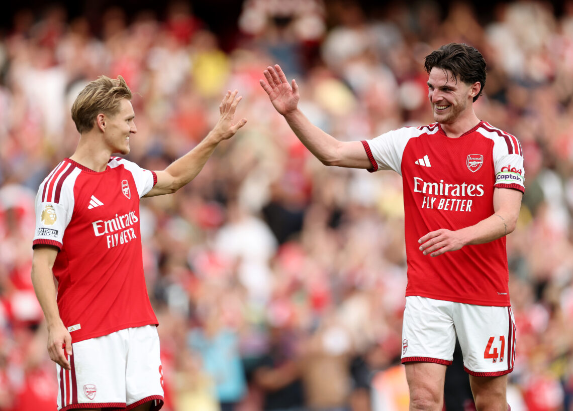 LONDON, ENGLAND - SEPTEMBER 06: Martin Odegaard and Declan Rice of Arsenal celebrate after the Premier League 2026/27 match between Arsenal FC and ...