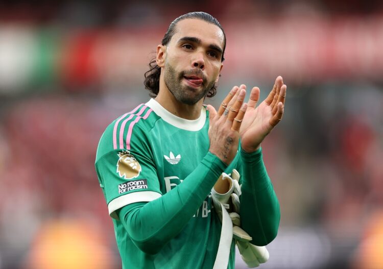 David Raya of Arsenal celebrates after the Premier League 2026/27 match between Arsenal FC and Chelsea FC at Emirates Stadium on September 06, 2026...