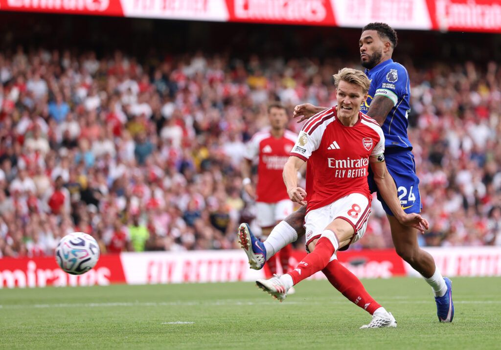 LONDON, ENGLAND - SEPTEMBER 06: Martin Odegaard of Arsenal scores his team’s second goal during the Premier League 2026/27 match between Arsenal FC and Chelsea FC at Emirates Stadium on September 06, 2026 in London, England. (Photo by Justin Setterfield/Getty Images)