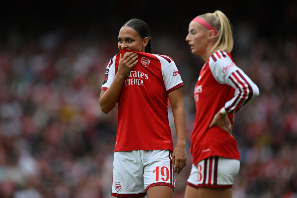 LONDON, ENGLAND - SEPTEMBER 13: Lisa Baum of Arsenal looks on with team mate Chloe Kelly during the Barclays Women's Super League 2026/27 match between Arsenal FC and Crystal Palace FC at Emirates Stadium on September 13, 2026 in London, England. (Photo by Mike Hewitt/Getty Images)