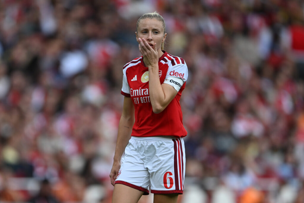 LONDON, ENGLAND - SEPTEMBER 13: Leah Williamson of Arsenal reacts during the Barclays Women's Super League 2026/27 match between Arsenal FC and Crystal Palace FC at Emirates Stadium on September 13, 2026 in London, England. (Photo by Mike Hewitt/Getty Images)