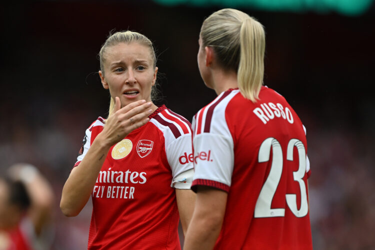LONDON, ENGLAND - SEPTEMBER 13: Leah Williamson of Arsenal talks to Alessia Russo during the Barclays Women's Super League 2026/27 match between Ar...