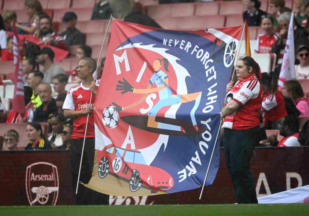 LONDON, ENGLAND - SEPTEMBER 13: A banner for Misa Rodriguez of Arsenal (not pictured) is displayed before the Barclays Women's Super League 2026/27 match between Arsenal FC and Crystal Palace FC at Emirates Stadium on September 13, 2026 in London, England. (Photo by Mike Hewitt/Getty Images)