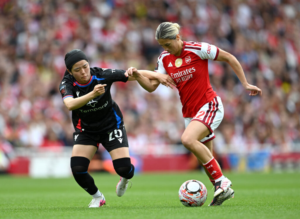 LONDON, ENGLAND - SEPTEMBER 13: Kyra Cooney-Cross of Arsenal is challenged by Fuka Tsunoda of Crystal Palace during the Barclays Women's Super League 2026/27 match between Arsenal FC and Crystal Palace FC at Emirates Stadium on September 13, 2026 in London, England. (Photo by Mike Hewitt/Getty Images)