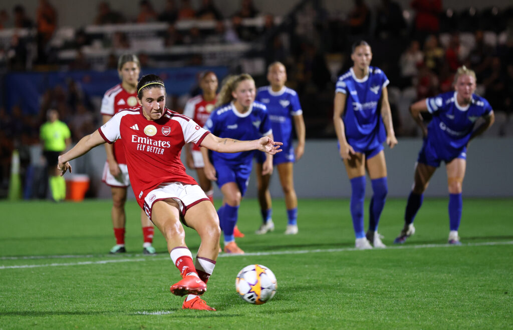 BOREHAMWOOD, ENGLAND - SEPTEMBER 22: Mariona Caldentey of Arsenal scores her team’s first goal from the penalty spot during the UEFA Women's Champions League 2026/27 League Phase MD1 match between Arsenal FC and HB Koge Women at Meadow Park on September 22, 2026 in Borehamwood, England. (Photo by Justin Setterfield/Getty Images)