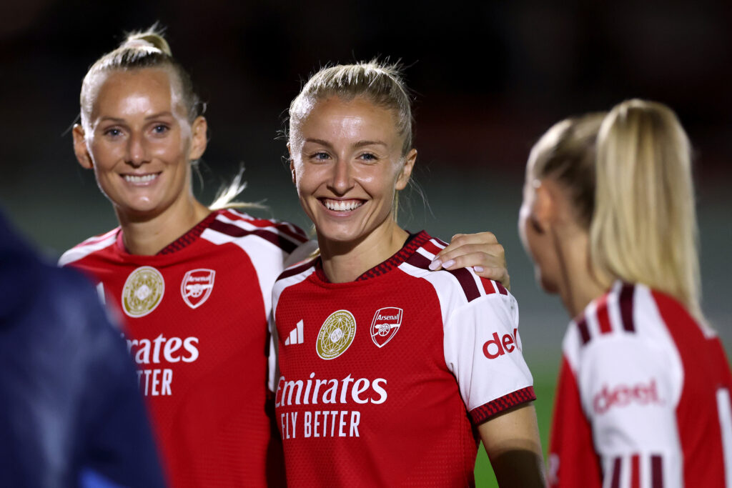 BOREHAMWOOD, ENGLAND - SEPTEMBER 22: Leah Williamson of Arsenal looks on before the UEFA Women's Champions League 2026/27 League Phase MD1 match between Arsenal FC and HB Koge Women at Meadow Park on September 22, 2026 in Borehamwood, England. (Photo by Justin Setterfield/Getty Images)