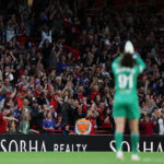 LONDON, ENGLAND - SEPTEMBER 19: Fans of Manchester United celebrate after Julia Zigiotti Olme scores her team’s first goal during the Barclays Women's Super League 2026/27 match between Arsenal FC and Manchester United at Emirates Stadium on September 19, 2026 in London, England. (Photo by Sarah Ray-Gain/Getty Images)