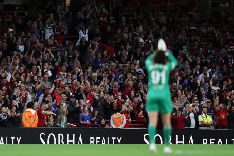 LONDON, ENGLAND - SEPTEMBER 19: Fans of Manchester United celebrate after Julia Zigiotti Olme scores her team’s first goal during the Barclays Wome...