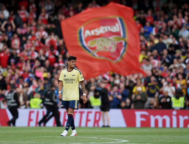 DUBLIN, IRELAND - AUGUST 05: Piero Hincapie of Arsenal FC celebrates scoring his team’s first goal during the pre-season friendly match between Ars...