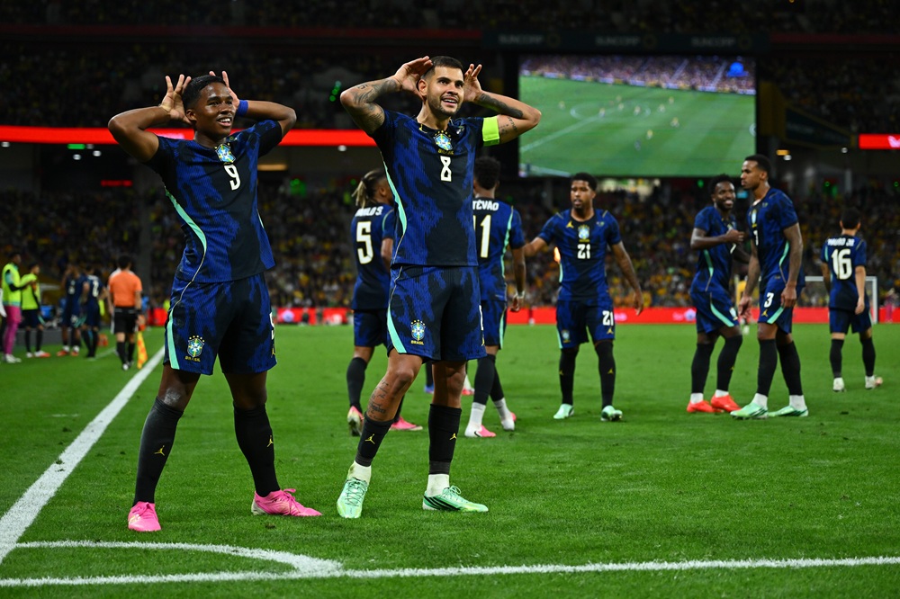 Bruno Guimaraes Rodriguez Moura of Brazil celebrates scoring a goal with Endrick Felipe Moreira de Sousa Pessoa (L) of Brazil during the International Friendly match between Australia Socceroos and Brazil at Suncorp Stadium on September 29, 2026 in Brisbane, Australia. (Photo by Matt Roberts/Getty Images)
