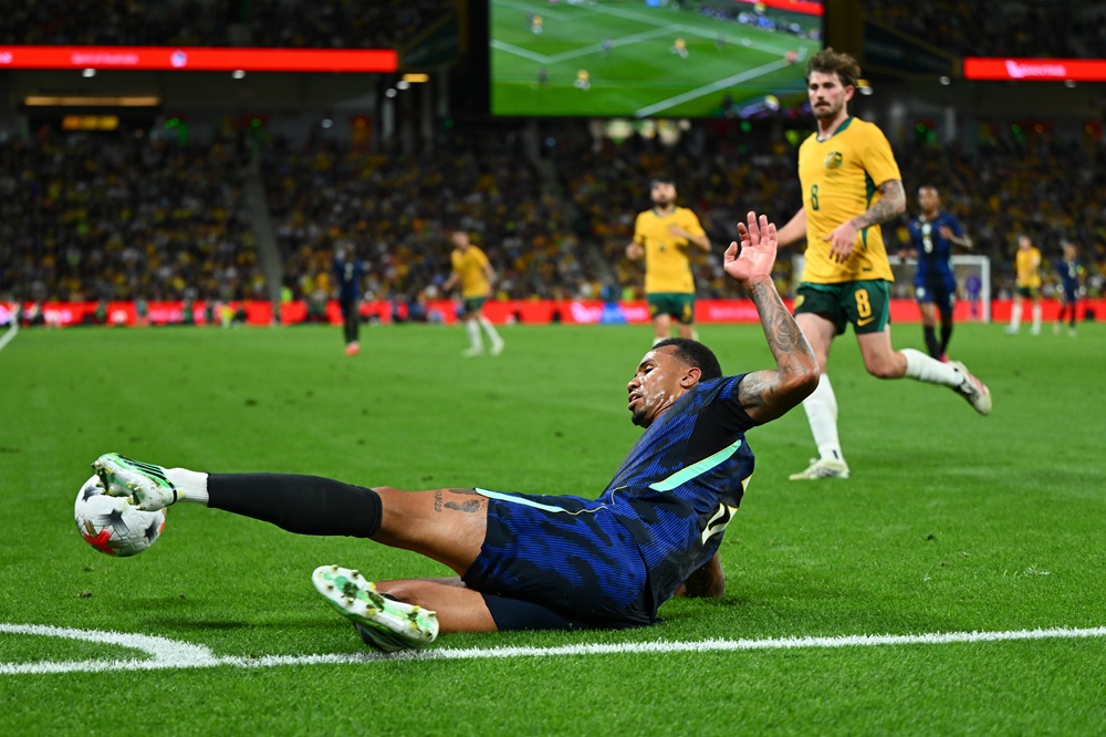 Gabriel dos Santos Magalhaes of Brazil competes for the ball during the International Friendly match between Australia Socceroos and Brazil at Suncorp Stadium on September 29, 2026 in Brisbane, Australia. (Photo by Matt Roberts/Getty Images)