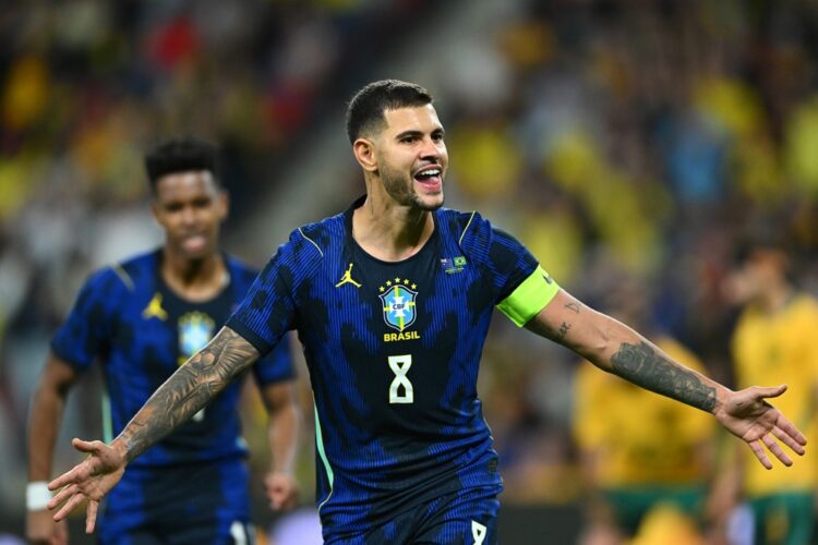 Bruno Guimaraes Rodriguez Moura of Brazil celebrates scoring a goal during the International Friendly match between Australia Socceroos and Brazil ...