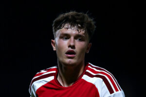 BARNET, ENGLAND - AUGUST 18: Ceadach O'Neill of Arsenal looks on during the Vertu Trophy match between Barnet and Arsenal U21 at The Hive on August 18, 2026 in Barnet, England. (Photo by Cameron Howard/Getty Images)