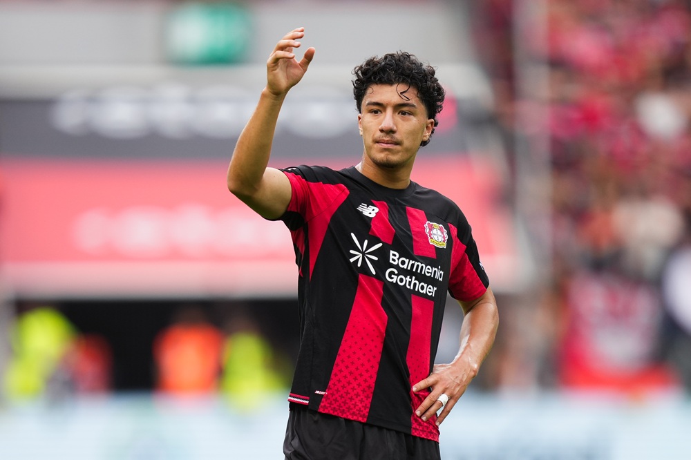 Ibrahim Maza of Bayer 04 Leverkusen gestures during the Bundesliga 2026/27 match between Bayer 04 Leverkusen and 1. FC Union Berlin at BayArena on September 05, 2026 in Leverkusen, Germany. (Photo by Pau Barrena/Getty Images)