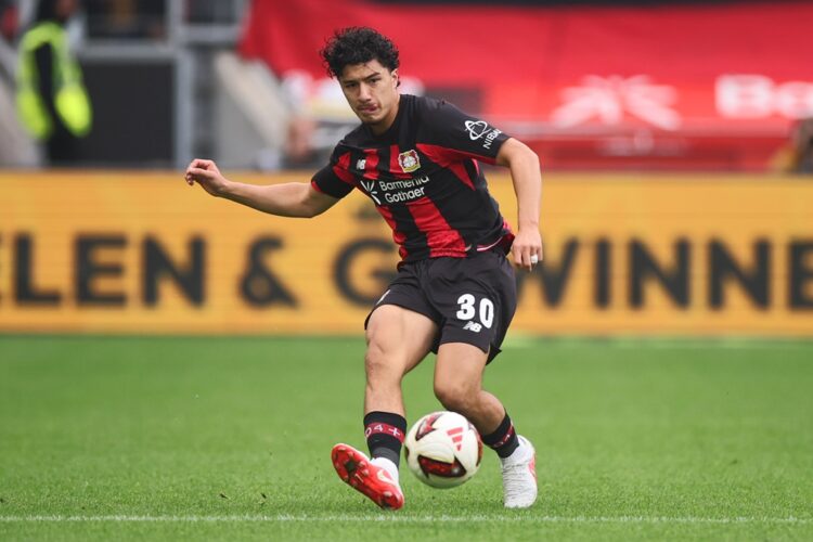 Ibrahim Maza of Bayer 04 Leverkusen controls the ball during the Bundesliga 2026/27 match between Bayer 04 Leverkusen and RB Leipzig at BayArena on...