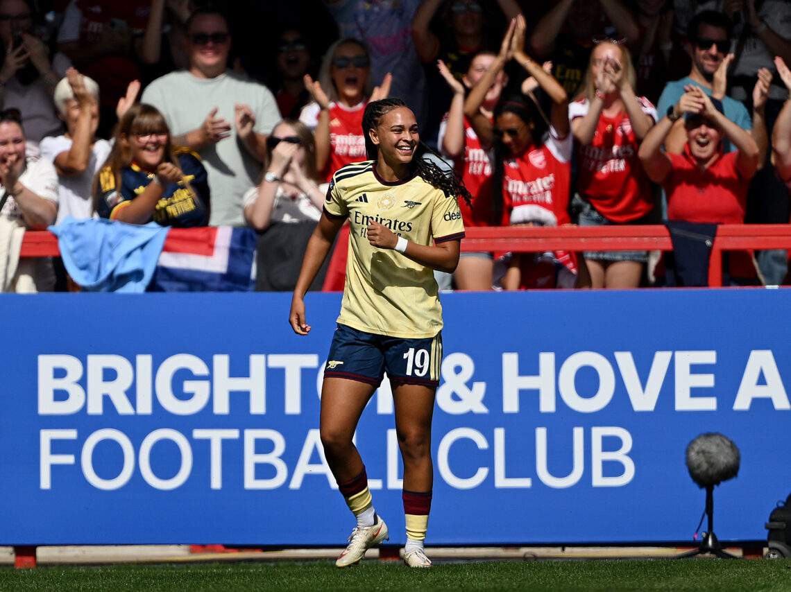 CRAWLEY, ENGLAND - SEPTEMBER 06: Lisa Baum of Arsenal celebrates scoring her team’s first goal during the Barclays Women's Super League 2026/27 mat...