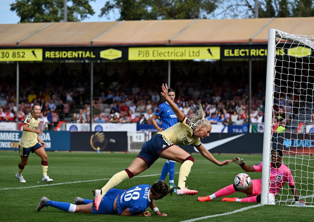 CRAWLEY, ENGLAND - SEPTEMBER 06: Stina Blackstenius of Arsenal misses a chance during the Barclays Women's Super League 2026/27 match between Brighton & Hove Albion and Arsenal FC at Broadfield Stadium on September 06, 2026 in Crawley, England. (Photo by Mike Hewitt/Getty Images)