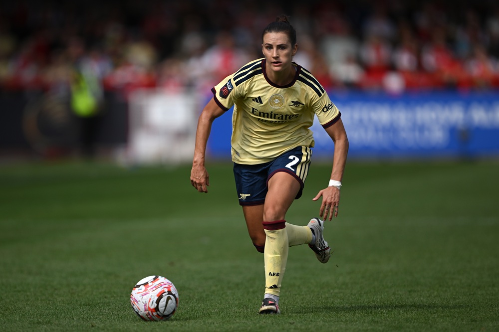 Emily Fox of Arsenal in action during the Barclays Women's Super League 2026/27 match between Brighton & Hove Albion and Arsenal FC at Broadfield S...