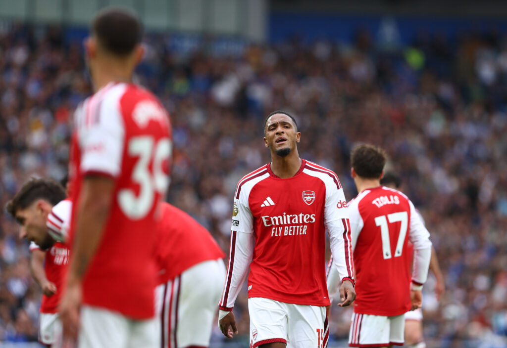 BRIGHTON, ENGLAND - SEPTEMBER 19: Ezri Konsa of Arsenal reacts during the Premier League 2026/27 match between Brighton & Hove Albion and Arsenal FC at American Express Stadium on September 19, 2026 in Brighton, England. (Photo by Clive Rose/Getty Images)