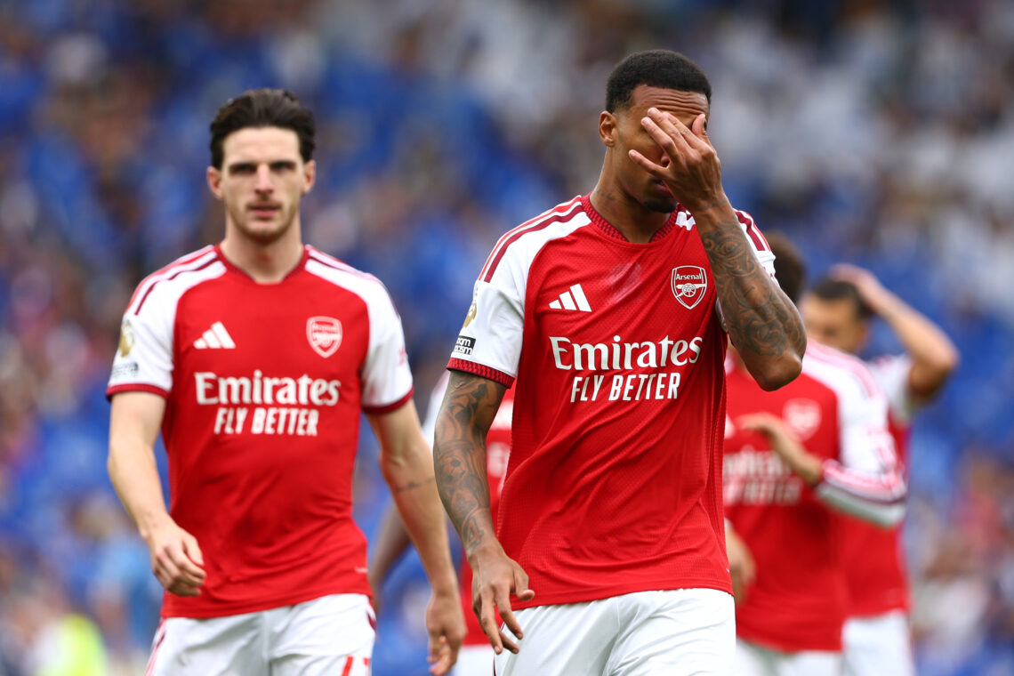 BRIGHTON, ENGLAND - SEPTEMBER 19: Gabriel and Declan Rice of Arsenal during the Premier League 2026/27 match between Brighton & Hove Albion and...