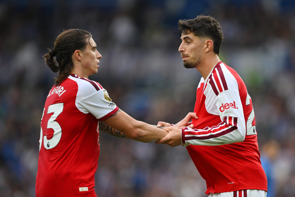 Arsenal 27yo's new contract is now imminent 3 BRIGHTON, ENGLAND - SEPTEMBER 19: Riccardo Calafiori and Kai Havertz of Arsenal exchange words during the Premier League 2026/27 match between Brighton & Hove Albion and Arsenal FC at American Express Stadium on September 19, 2026 in Brighton, England. (Photo by Mike Hewitt/Getty Images)