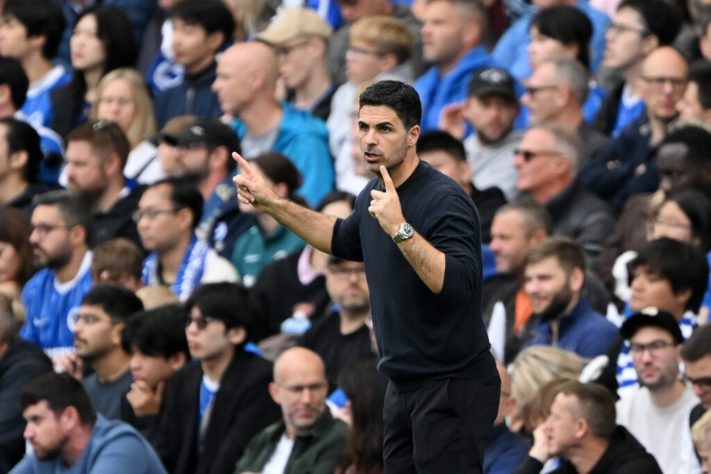 BRIGHTON, ENGLAND - SEPTEMBER 19: Mikel Arteta, Manager of Arsenal, gestures during the Premier League 2026/27 match between Brighton & Hove Albion and Arsenal FC at American Express Stadium on September 19, 2026 in Brighton, England. (Photo by Mike Hewitt/Getty Images)
