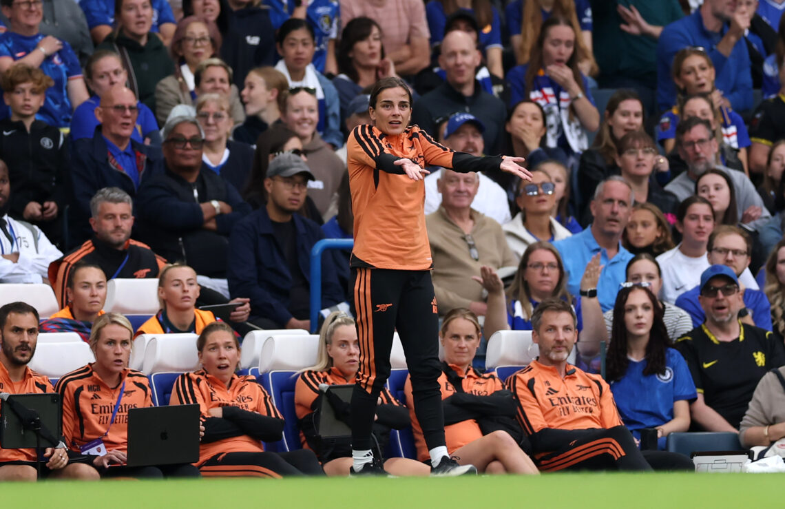 LONDON, ENGLAND - SEPTEMBER 27: Renee Slegers, Manager of Arsenal, reacts during the Barclays Women's Super League 2026/27 match between Chelsea FC...