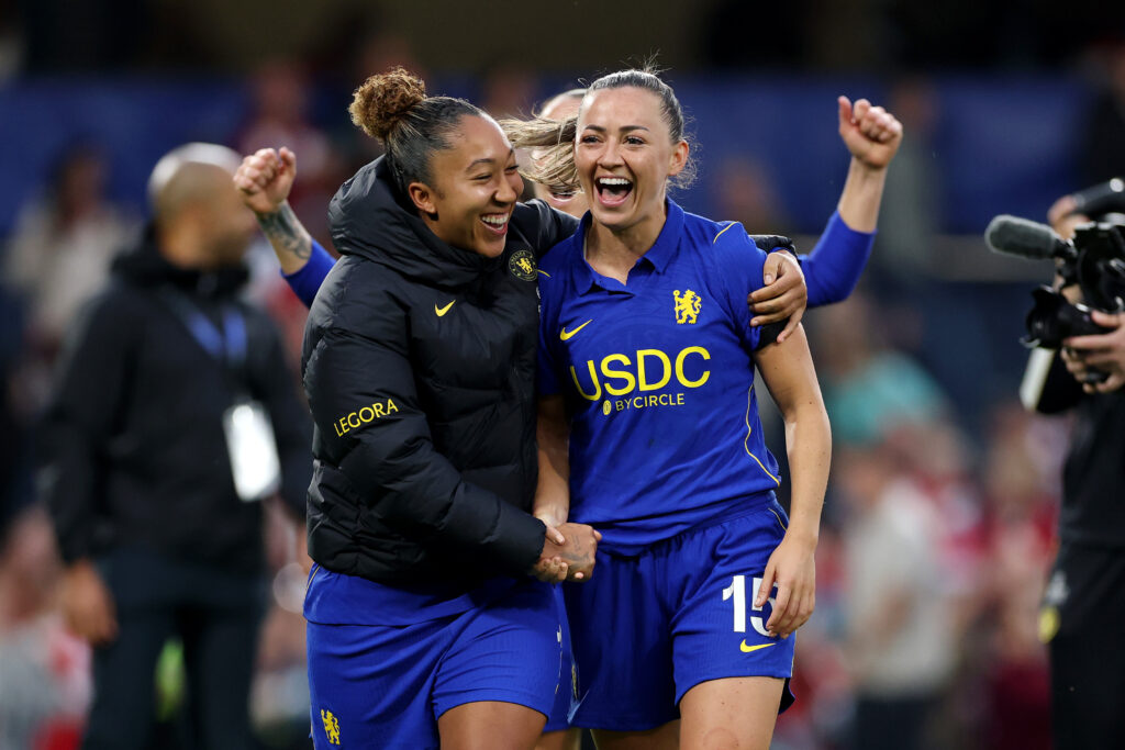 LONDON, ENGLAND - SEPTEMBER 27: Lauren James and Katie McCabe of Chelsea celebrate victory after the Barclays Women's Super League 2026/27 match between Chelsea FC and Arsenal FC at Stamford Bridge on September 27, 2026 in London, England. (Photo by Justin Setterfield/Getty Images)