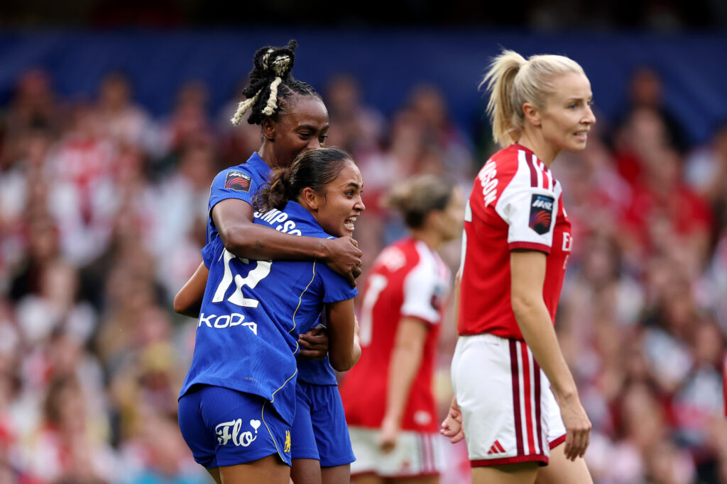 LONDON, ENGLAND - SEPTEMBER 27: Alyssa Thompson of Chelsea celebrates scoring her team’s first goal with teammate Melvine Malard during the Barclays Women's Super League 2026/27 match between Chelsea FC and Arsenal FC at Stamford Bridge on September 27, 2026 in London, England. (Photo by Justin Setterfield/Getty Images)
