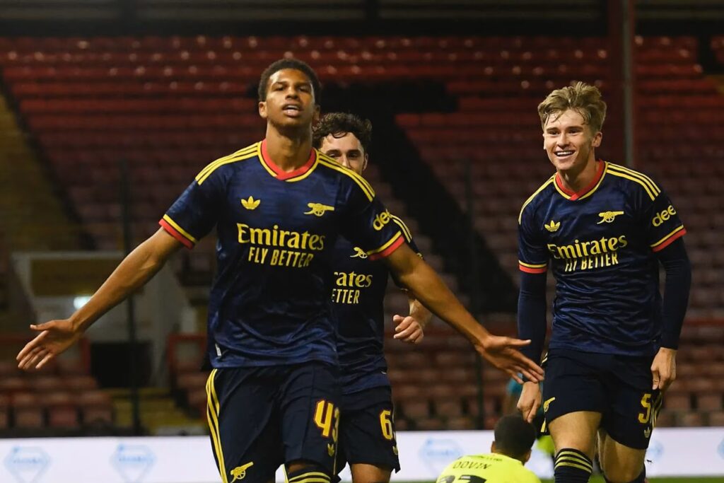 Ex-Manchester United 19yo shines for Arsenal again in EFL Trophy win 4 Andre Harriman-Annous celebrates a goal for Arsenal (Photo via Arsenal.com)