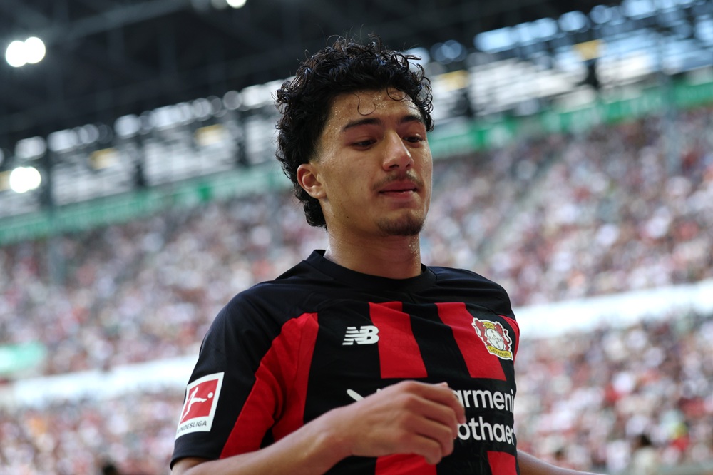 Ibrahim Maza of Bayer 04 Leverkusen looks oof Bayer 04 Leverkusen during the Bundesliga 2026/27 match between FC Augsburg and Bayer 04 Leverkusen at WWK Arena on September 12, 2026 in Augsburg, Germany. (Photo by Adam Pretty/Getty Images)