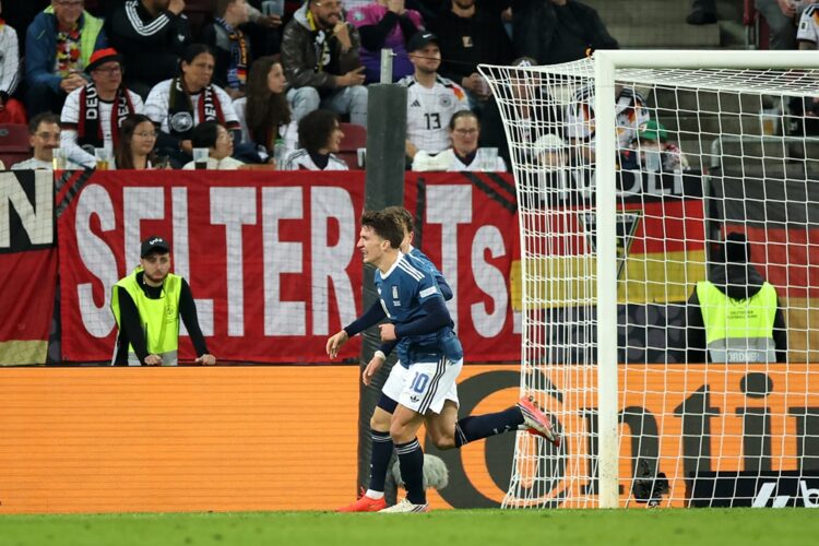 Dimitris Kourbelis of Greece celebrates scoring his team’s first goal with teammate Christos Tzolis during the UEFA Nations League 2026/27 group ph...