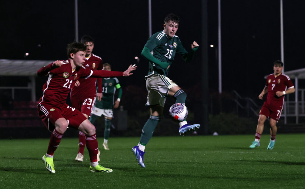 BURTON UPON TRENT, ENGLAND - MARCH 26: Ceadach O'Neill of Northern Ireland controls the ball during the Under-17 EURO Elite Round match between Hungary and Northern Ireland at St George's Park on March 26, 2024 in Burton upon Trent, England. (Photo by Cameron Smith/Getty Images )