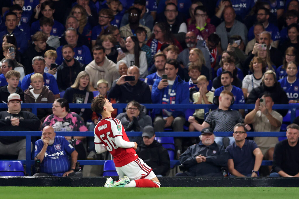 Arteta responds to Max Dowman January loan questions 2 IPSWICH, ENGLAND - SEPTEMBER 15: Max Dowman of Arsenal celebrates scoring his team’s first goal during the Carabao Cup Third Round match between Ipswich Town and Arsenal at Portman Road on September 15, 2026 in Ipswich, England. (Photo by Alex Pantling/Getty Images)