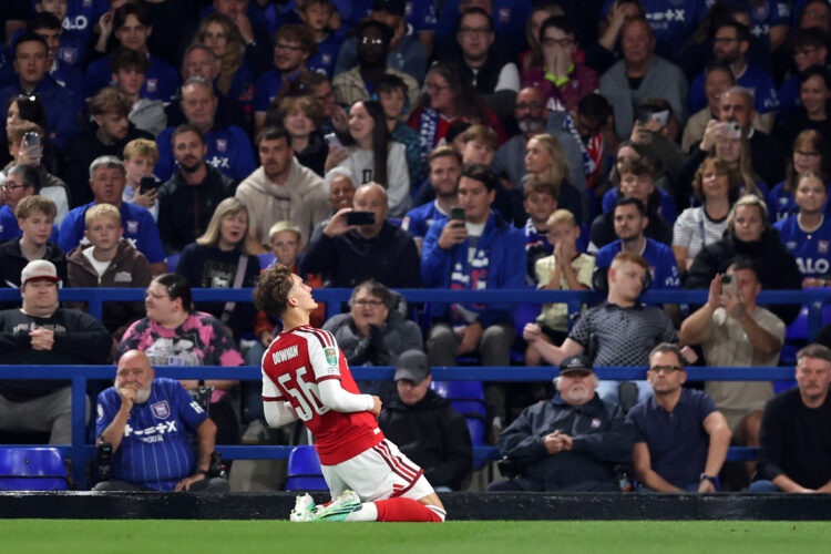 IPSWICH, ENGLAND - SEPTEMBER 15: Max Dowman of Arsenal celebrates scoring his team’s first goal during the Carabao Cup Third Round match between Ip...