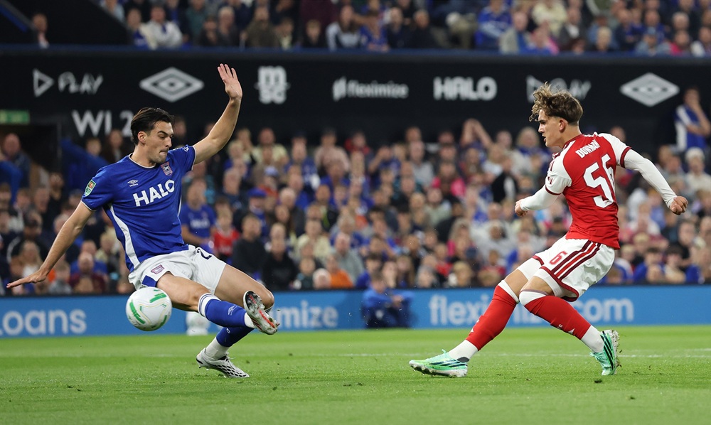 Max Dowman of Arsenal scores his team’s first goal during the Carabao Cup Third Round match between Ipswich Town and Arsenal at Portman Road on September 15, 2026 in Ipswich, England. (Photo by Justin Setterfield/Getty Images)