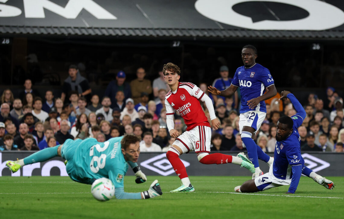 IPSWICH, ENGLAND - SEPTEMBER 15: Max Dowman of Arsenal scores his team’s third goal during the Carabao Cup Third Round match between Ipswich Town a...