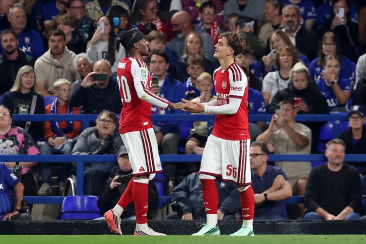 Max Dowman of Arsenal celebrates scoring his team’s first goal with Noni Madueke during the Carabao Cup Third Round match between Ipswich Town and ...