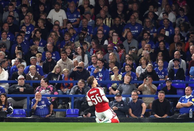 Max Dowman of Arsenal celebrates after scoring his sides first goal during the Carabao Cup Third Round match between Ipswich Town and Arsenal at Po...