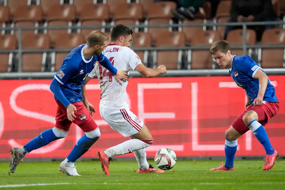 James Scanlon of Gibraltar is put under pressure by Max Goeppel of Liechtenstein during the UEFA Nations League 2024/25 League D Group D1 match between Liechtenstein and Gibraltar at Rheinpark Stadion on October 13, 2024 in Vaduz, Liechtenstein. (Photo by Carsten Harz/Getty Images)