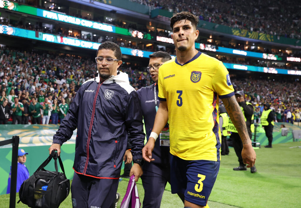 Piero Hincapie confirms injury rumours 2 MEXICO CITY, MEXICO - JUNE 30: Piero Hincapie #3 of Ecuador reacts as he leaves the pitch after being shown a red card following a VAR review after he is adjudged to have covered his mouth whilst speaking to Santiago Gimenez #11 of Mexico (not pictured) during the FIFA World Cup 2026 Round Of 32 match between Mexico and Ecuador at Mexico City Stadium on June 30, 2026 in Mexico City, Mexico. (Photo by Kevin C. Cox/Getty Images)