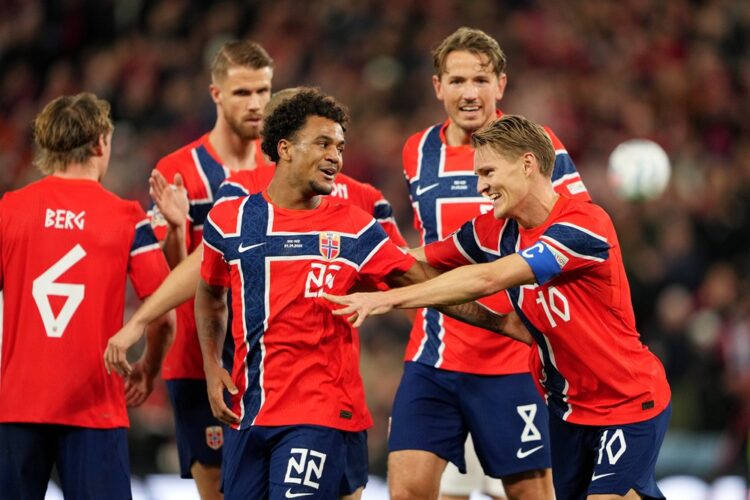 Oscar Bobb of Norway celebrates scoring his team’s first goal with Martin Odegaard during the UEFA Nations League 2026/27 group phase match between...