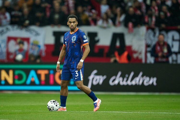 Jurrien Timber of Netherlands controls the ball during the FIFA World Cup 2026 qualifier match between Poland and Netherlands at PGE Narodowy on No...