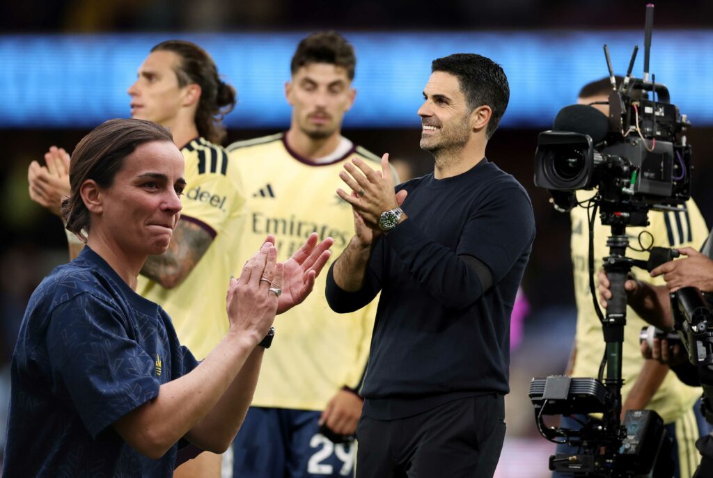 Renee Slegers superimposed on a photo of Mikel Arteta with Arsenal players