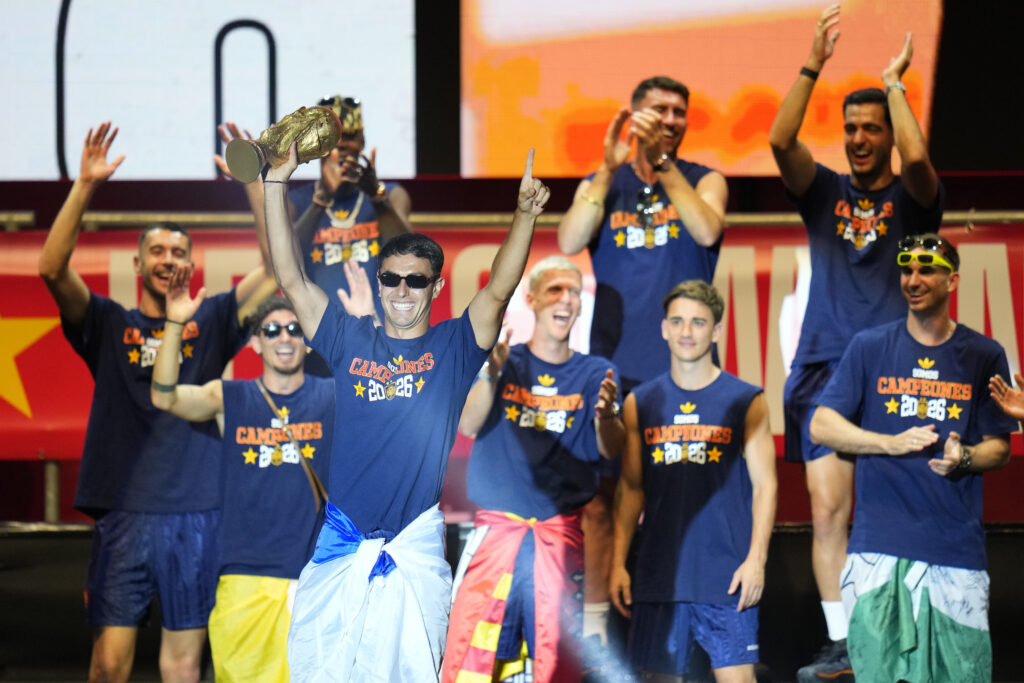 MADRID, SPAIN - JULY 20: Martin Zubimendi and teammates of Spain celebrate on stage during the FIFA World Cup 2026 Trophy parade on July 20, 2026 in Madrid, Spain. The final match of the FIFA World Cup 2026 was held at New York New Jersey Stadium in New Jersey between Spain and Argentina. (Photo by Diego Souto/Getty Images)