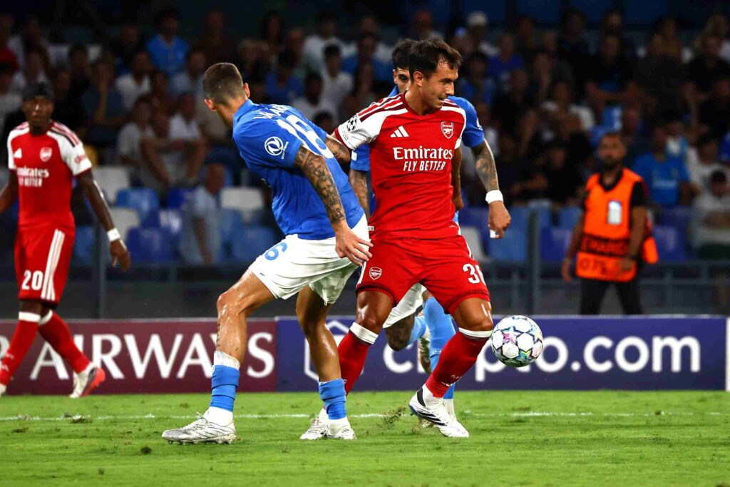 NAPLES, ITALY - SEPTEMBER 09: Martin Zubimendi of Arsenal FC during the UEFA Champions League 2026/27 League Phase MD1 match between SSC Napoli and Arsenal FC at Stadio Diego Armando Maradona on September 09, 2026 in Naples, Italy. (Photo by Maurizio Lagana/Getty Images)
